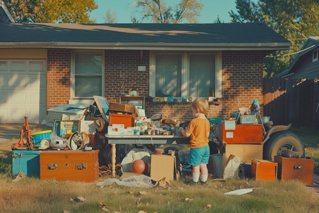 realistic scene with little child neighborhood yard sale realistic scene with little child neighborhood yard sale
